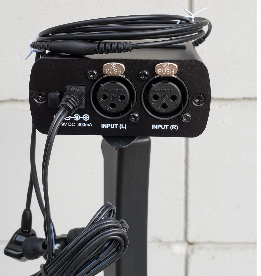 STAND MOUNTED HARD-WIRED AMP. GREAT FOR DRUMMERS. 9V OR AC POWERED.