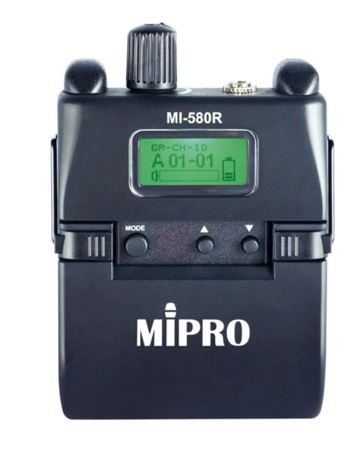 Mipro MI-580R 5 GHz Digital Stereo Bodypack Receiver The MI-580R is a 5.8 GHz digital stereo in-ear monitor receiver offering low-latency Stereo and Mixed modes. It features flexible power options (two AA batteries or one 18500 Li-ion battery) and supports USB Type-C charging.