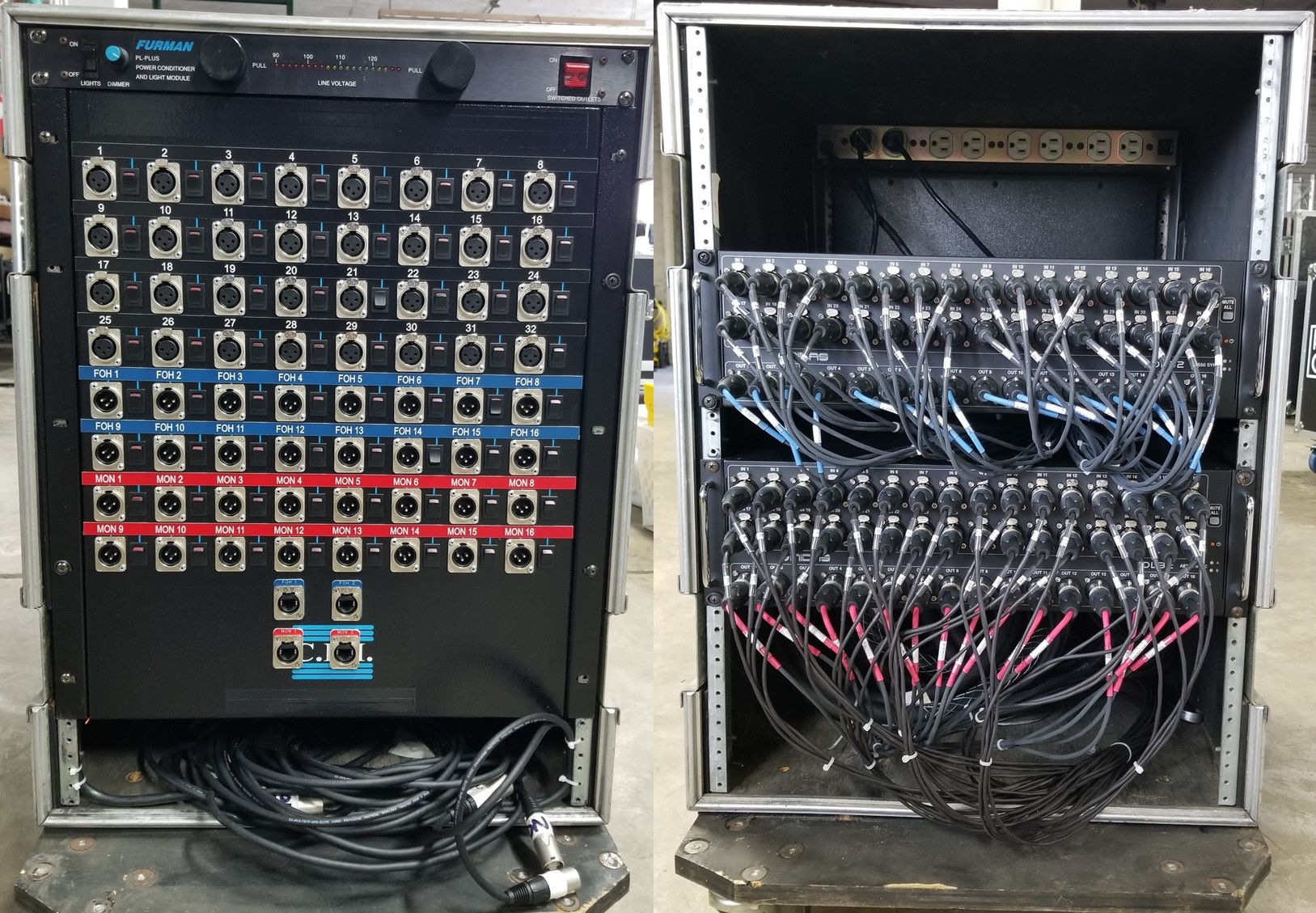 Splitter package for Midas M32 and/or Behringer X32. Great for FOH console and a Monitor console not having to share head amps. Two DL32 in the back. Whole system has seen no more than 7 shows all indoor. $4500